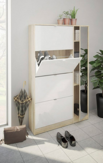 Botník se zrcadlem Flap 061 4KL/1D oak/bílý lesk/zrcadlo