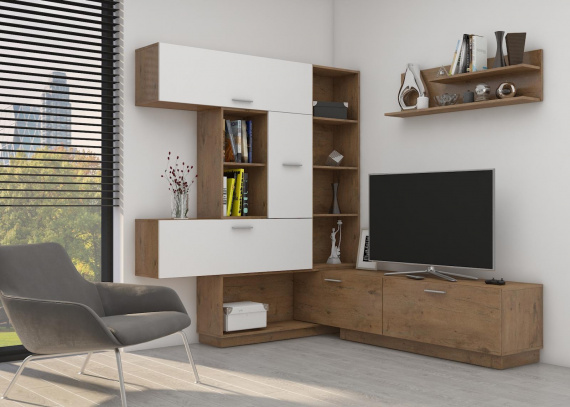 Obývací stěna Corner dub lancelot/bílý lesk