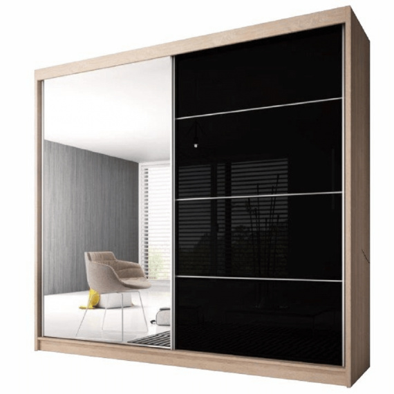 Skříň s posuvnými dveřmi, dub sonoma / černý lesk, 183x218, MULTI 31