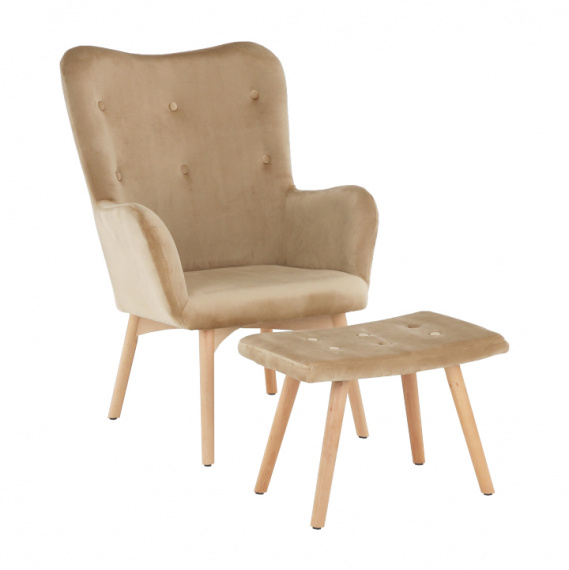 Křeslo s taburetem, béžová / buk, LAGER NEW