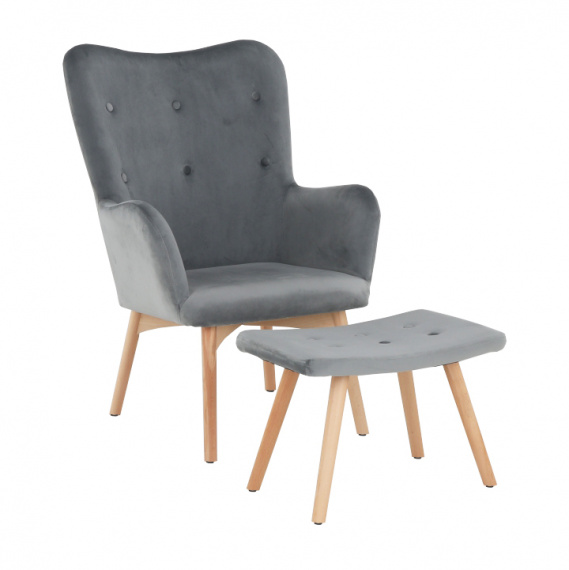 Křeslo s taburetem, šedá / buk, LAGER NEW
