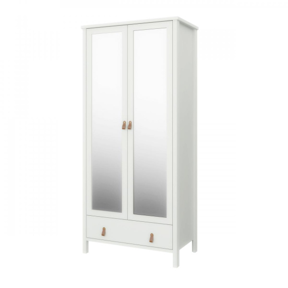 Šatní skříň se zrcadlem Tuan 2D1S bílá/kožené úchytky