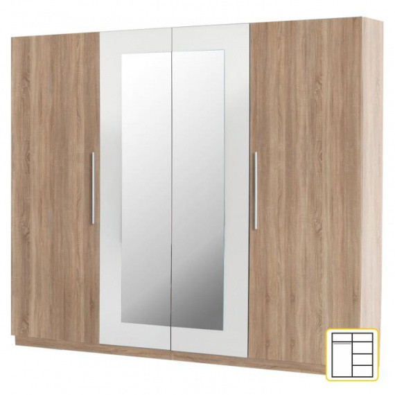 Čtyřdveřová skříň, zrcadlová, dub sonoma / bílá, MARTINA
