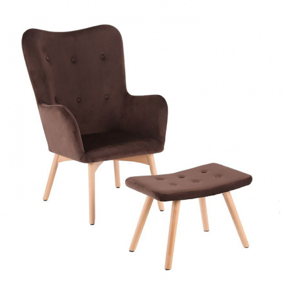 Křeslo s taburetem, látka samet čokoládová/buk, LAGER NEW