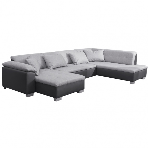 Sedací souprava ve tvaru U, ekokůže černá/látka světle šedá, pravá, LEMIX U