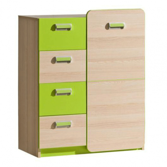 Komoda, 1 dveřová se 4 zásuvkami, jasan / zelená, EGO L6